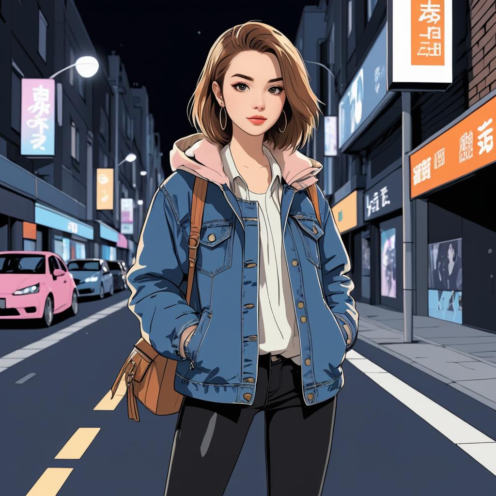 Urban Fashionista at Night in Anime Style