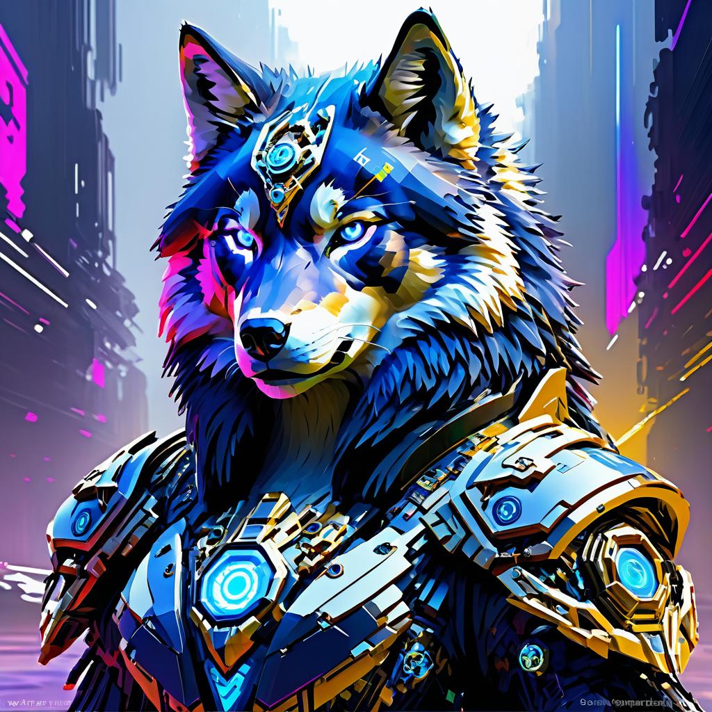 Fierce Cybernetic Wolf in Impressionist Style