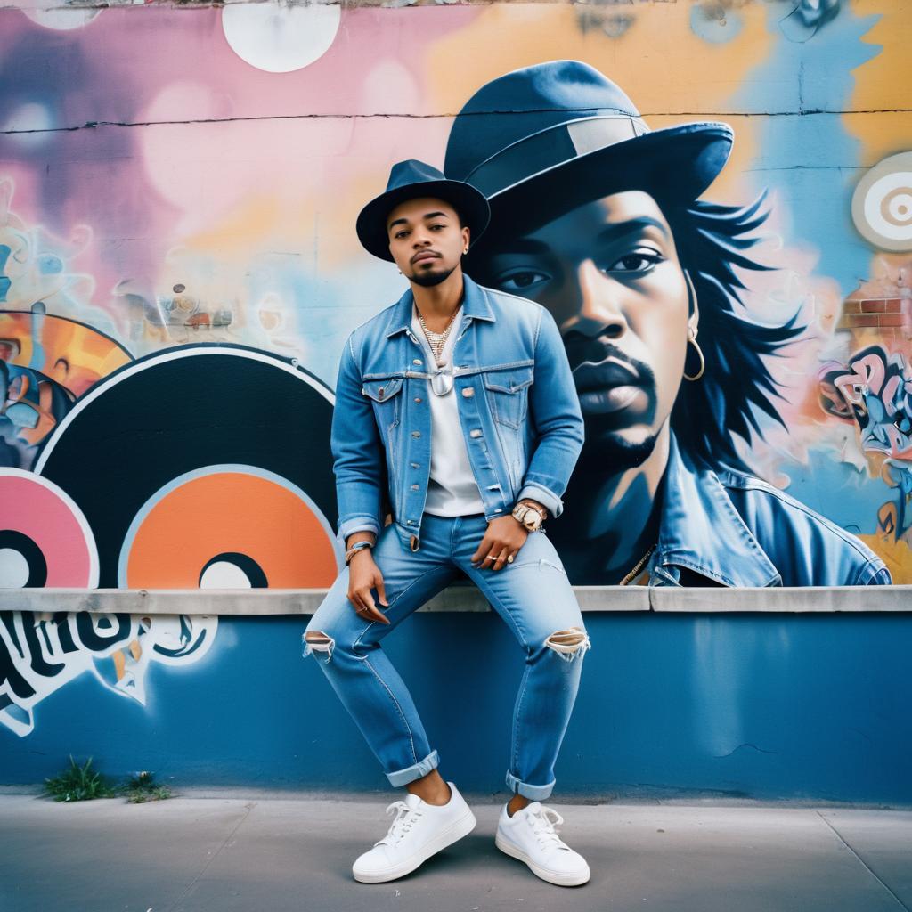 Trendy Man in Denim at Street Mural