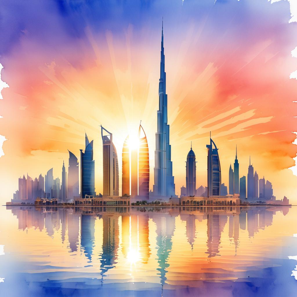 Stunning Dubai Skyline at Sunset Watercolor