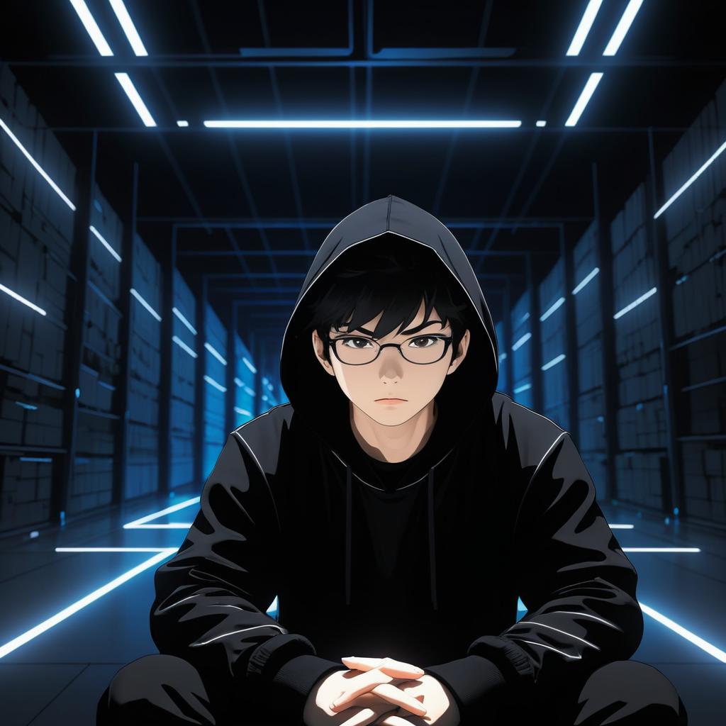 Intense Hacker in Dark Anime Style