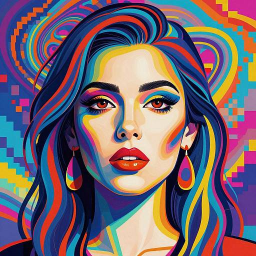 Digital pop art portrait of a woman with vibrant blue and orange hair, red lips, hoop earrings, and bold, colorful background.