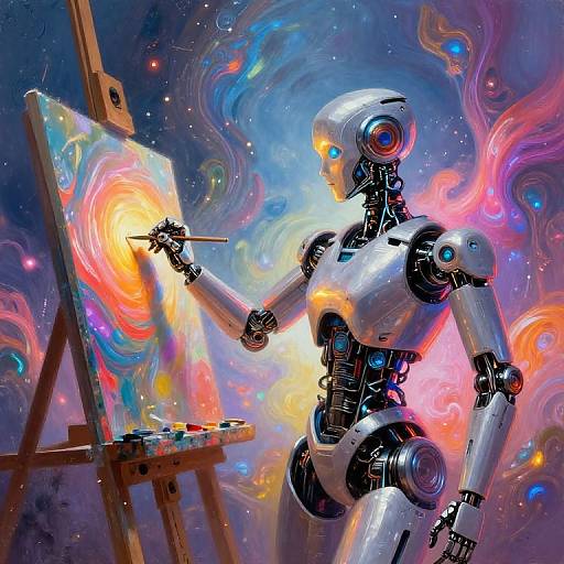 Digital painting of a metallic robot painting a vibrant, swirling, cosmic scene on an easel, with colorful, ethereal swirls in the background.