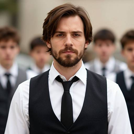 Photograph of a bearded, brown-haired man in a black vest, white shirt, and black tie, standing in front of blurred, similarly dressed