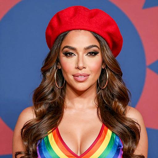 Woman in Red Beret with Rainbow Top
