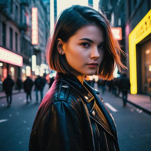Young Woman with Angled Bob Hairstyle in Leather Jacket