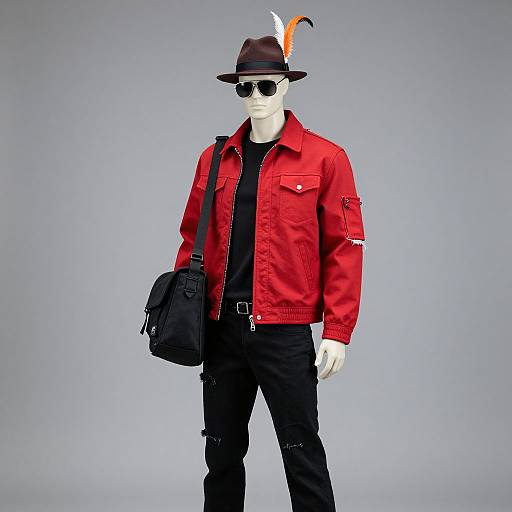 Photograph of a white mannequin wearing a red jacket, black pants, black shirt, black sunglasses, black bag, and a brown hat with