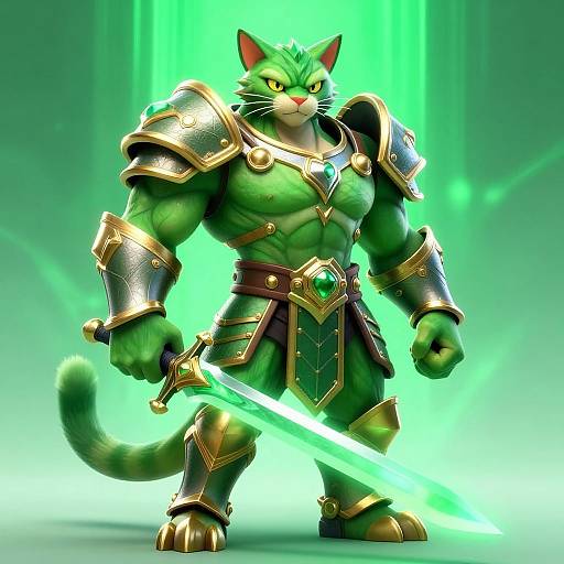 CGI image of a muscular, green-armored anthropomorphic cat warrior with glowing green eyes and sword, standing against a neon green background.