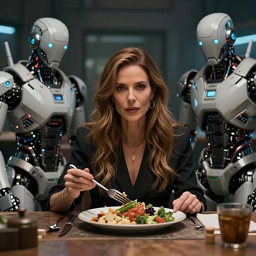 Photograph of a brown-haired woman in a black blouse, eating salad in front of three glowing blue-eyed robots in a dimly lit, futuristic restaurant