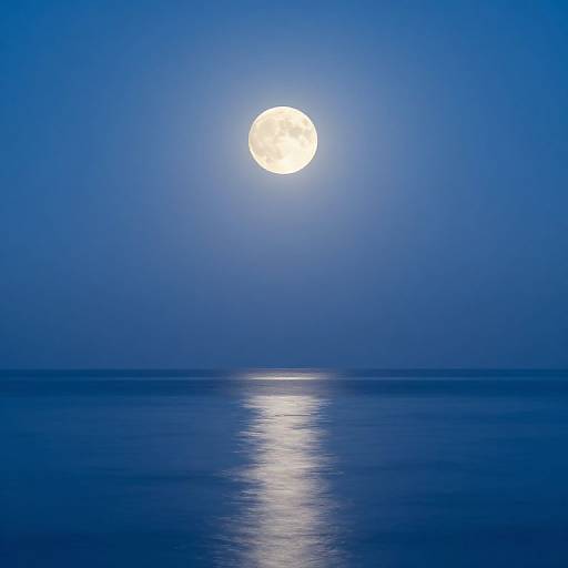 Photograph of a full moon glowing brightly in a clear, deep blue night sky, reflected on a calm, dark ocean below.