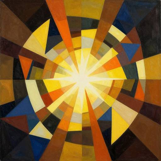 Abstract painting of a radiant, yellow-white sunburst with geometric, multicolored triangles in orange, red, blue, and brown on a dark background