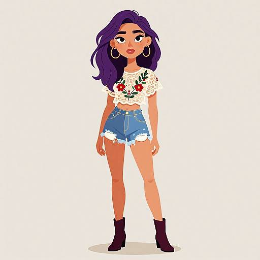 Boho Chic Woman with Sheer Lace Top and Denim Shorts