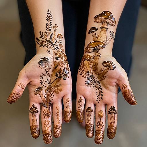 Photograph of two hands with intricate brown henna tattoos of mushrooms, ferns, and flowers, extending vertically, against a blurred background.