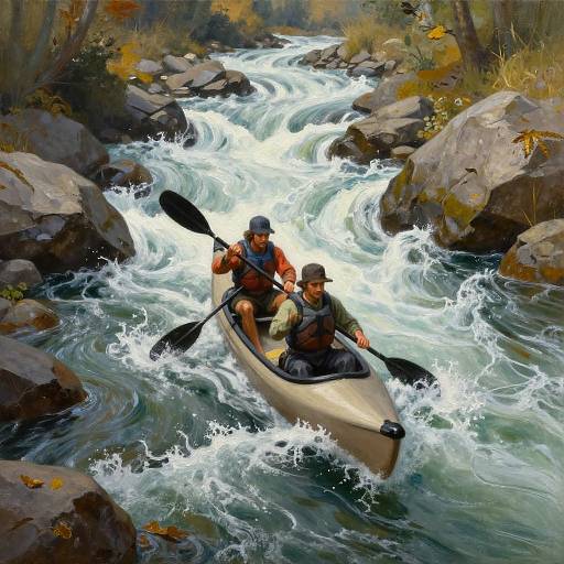 Digital painting of two men in a white kayak navigating a fast-flowing, rocky river with white water rapids and autumn foliage.