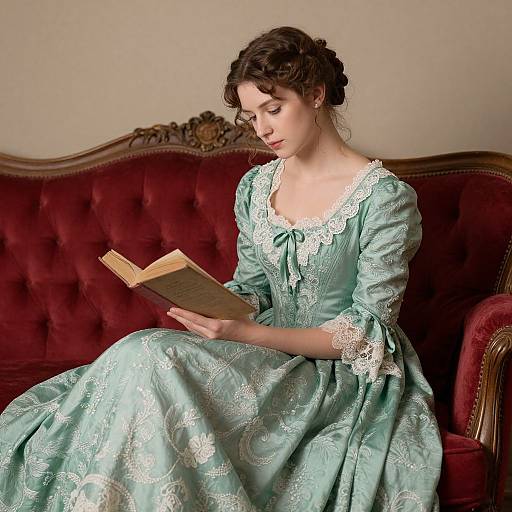 Photograph of a fair-skinned, brunette woman in a Victorian-style, light green lace dress, reading a book on a red velvet sofa.