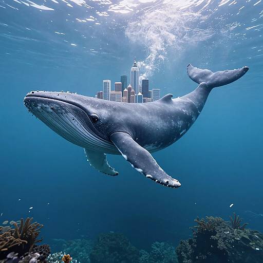 Photograph of a massive blue whale swimming underwater with a city skyline superimposed above, surrounded by coral reefs and sunlight filtering through the water.