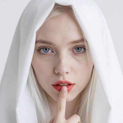 Photograph of a pale-skinned, blonde woman with blue eyes, red lips, and white veil, gently touching her index finger to her lips.