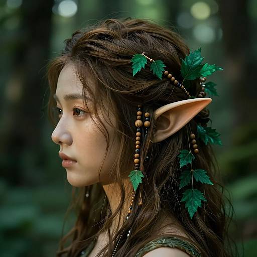 Photorealistic digital art of an elven woman with long brown hair, pointed ears, green leaf and bead adornments, in a forest.