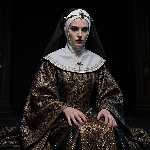 Photograph of a pale-skinned, dark-haired woman in ornate black and gold nun's habit with white wimple and headpiece, against a