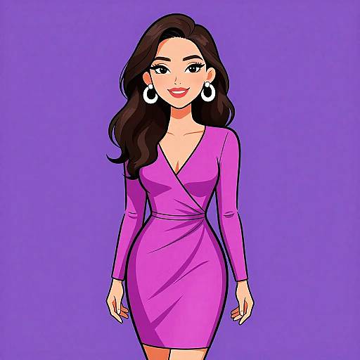 Digital illustration of a smiling woman with long brown hair, wearing a form-fitting pink dress, white hoop earrings, and standing against a solid purple background