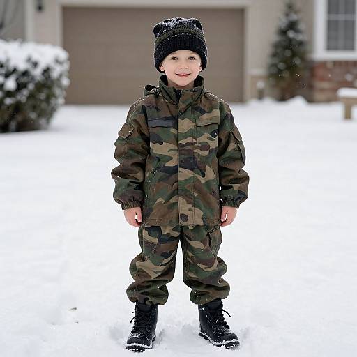 Photograph of a smiling young boy in camouflage winter jacket, black hat, and boots standing in a snowy yard.