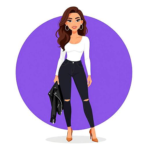 Digital illustration of a stylish woman with long brown hair, white long-sleeve top, black ripped jeans, tan heels, and black jacket in hand