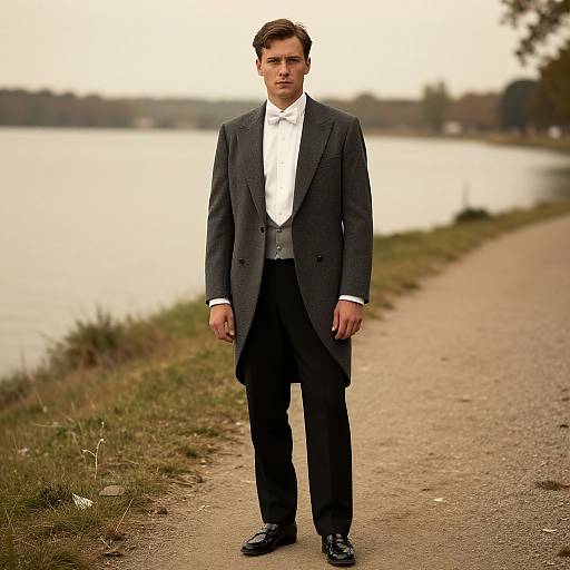 Photograph of a serious, fair-skinned man with short brown hair, wearing a dark gray suit, white shirt, and tie, standing on a