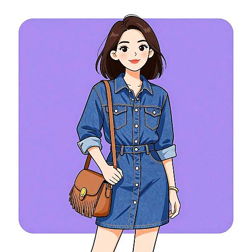 Digital illustration of a smiling woman with short brown hair, wearing a blue denim dress, brown fringe handbag, and purple background.