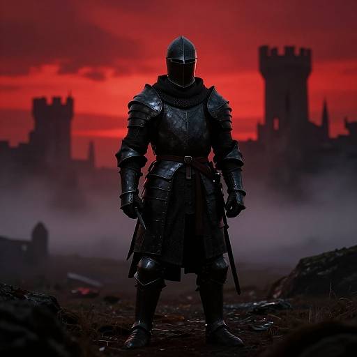 Silhouetted medieval knight in full armor, helmet, and sword, stands against a vibrant red sky with misty castle ruins in the background.