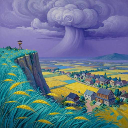 Vivid digital painting of a village under a swirling purple storm cloud with a rainwater cascade, surrounded by yellow fields and blue grasses. Cliffs