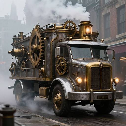 Steampunk-style steam truck with large gears, emitting white smoke, driving on a foggy urban street at night. Photograph.