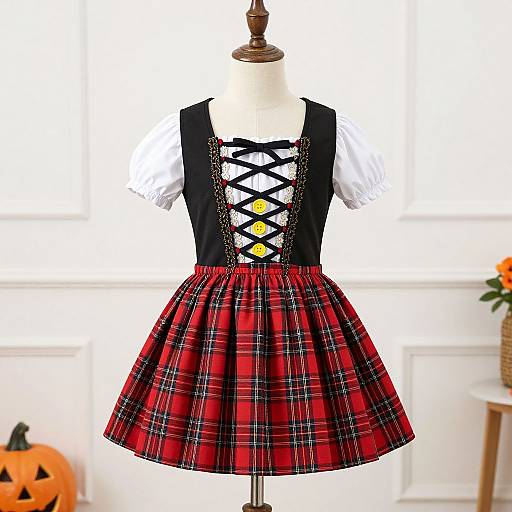 Photograph of a black and white corset-style top with crisscross laces, over a red plaid skirt, displayed on a white man