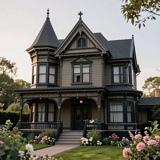 Black Victorian House in Lush Garden