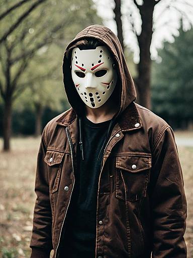 Man Wearing Slasher Movie Mask Outdoors