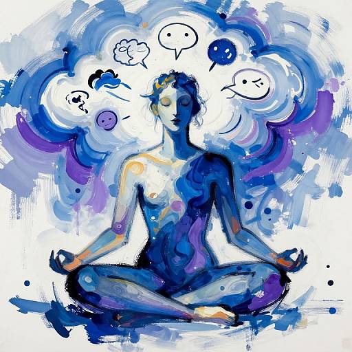 Abstract digital painting of a blue-toned, meditating figure with swirling purple and white background, thought bubbles above head.