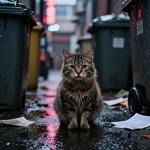 Photograph of a wet, striped tabby kitten sitting in a rain-soaked alleyway between black trash bins, with scattered papers and red neon lights
