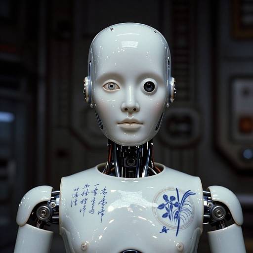 Photorealistic CGI of a white, humanoid robot with a smooth, shiny surface, blue floral tattoo, and Asian calligraphy on the chest. Dark