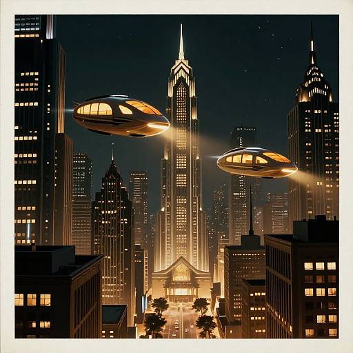 Digital illustration of a futuristic city at night, featuring two glowing UFOs hovering over towering skyscrapers, with a brightly lit central building in the foreground