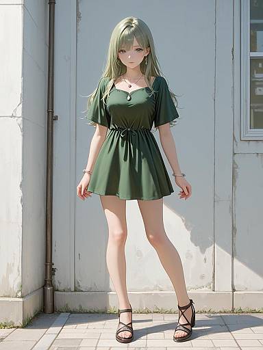 Digital anime-style illustration of a green-haired woman in a green dress, standing against a sunlit white wall, wearing black sandals.