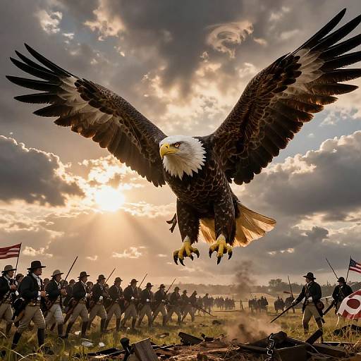 Photograph of a majestic bald eagle soaring above a battlefield, with soldiers in Civil War-era uniforms, flags, and scattered debris below. Dramatic sunset