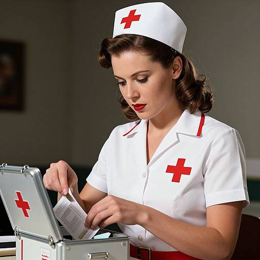 Photograph of a 1950s-style nurse with dark curly hair, red lipstick, white uniform, red cross, and white hat, reading from