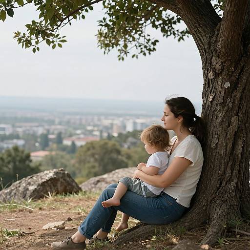 Photograph of a woman with dark hair, white t-shirt, and blue jeans, sitting against a tree, holding a blonde toddler in white clothes,