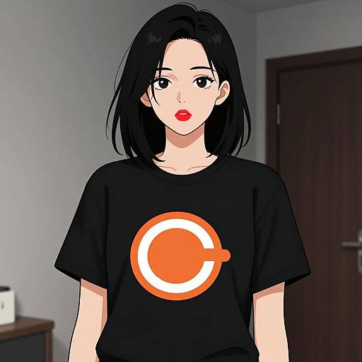Digital anime-style drawing of a pale-skinned woman with black hair, wearing a black T-shirt with an orange and white circular logo, standing in a
