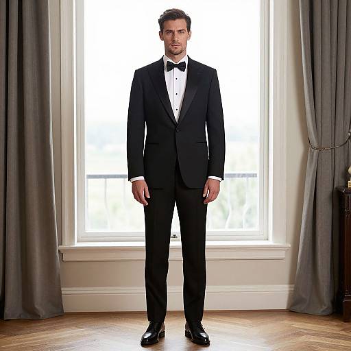 Photograph of a handsome man in a black tuxedo with white shirt and black bow tie, standing in front of a large window with gray curtains