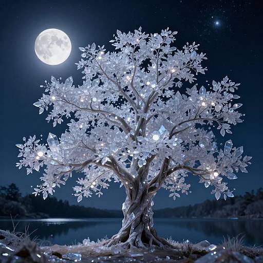Photograph of a glowing, white-leaved tree adorned with twinkling lights, under a bright full moon in a starry night sky, with a