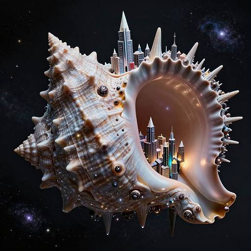 Digital artwork: A giant, white, spiked seashell with a glowing, futuristic cityscape inside, set against a starry, cosmic background.