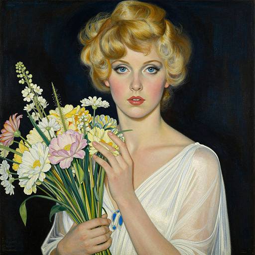 Digital painting of a blonde, blue-eyed woman in a sheer white dress holding a bouquet of yellow and pink flowers against a black background.