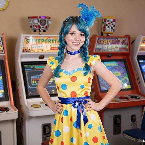Photograph of a smiling woman with teal hair, blue feather headpiece, yellow polka dot dress, blue choker, standing in an arcade with