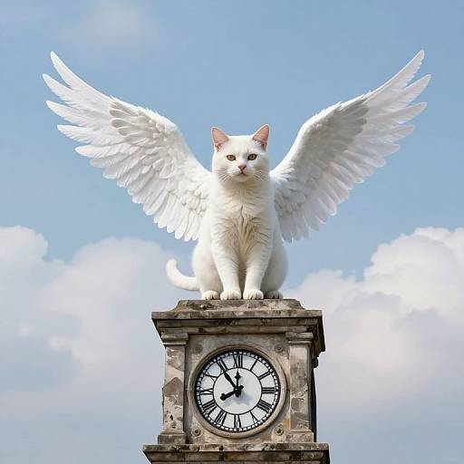 Serene Winged White Cat on Clock Tower