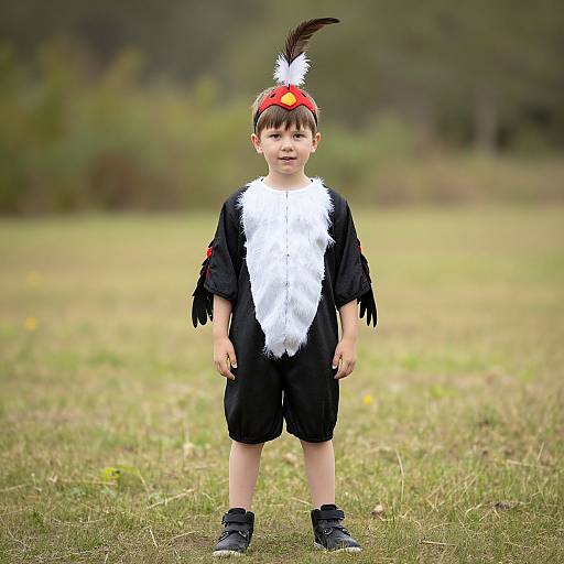 Photograph of a young boy in a black and white bird costume with a red headband and feather, standing on grassy field.
